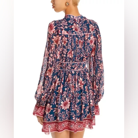 Farm Rio Ainika Bell Cuff Dress Sz XS Armor Shoulders Tasseled Tie Floral Flowy - Picture 4 of 16